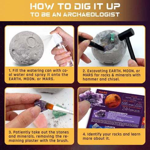 PIBEX Gemstone Dig Kit, 3-IN-1 Solar System Excavating Set, 15 Genuine Rocks & Minerals, STEM Project Toy Gift for Kids