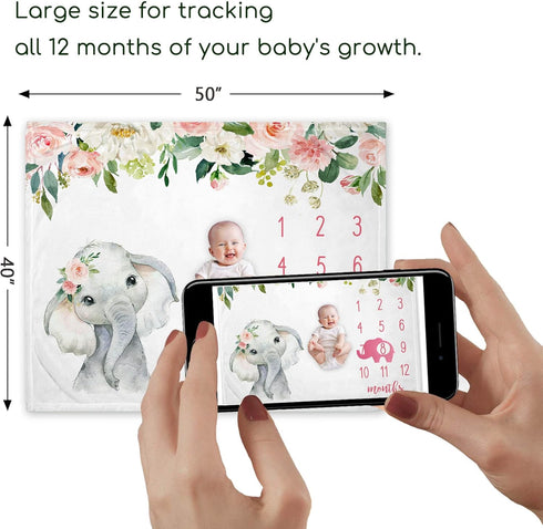 Floral Elephant Baby Monthly Milestone Blanket, Soft Fleece Jungle Elephant Girl's Blanket, Includes Marker (White,