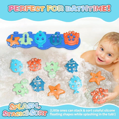 Set 10 Silicone Baby Bath Toys Stackable, Shape-Sorting Floating with Mold-Free Textured Pieces, No-Hole Design Early