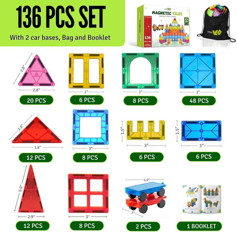 136 2 3-12, Set Magnet Tiles for Kids PCS with Cars Bases, STEM Magnetic Tiles for Toddlers, Educational Learning Toys