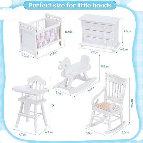 5 Pcs 1:12 Scale Wooden Dollhouse Furniture Set - White Miniature Wood Bedroom Accessories for Creative Play