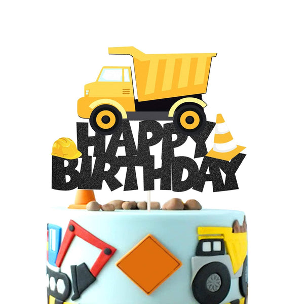 Glitter Building Truck Happy Birthday Cake Topper, Construction Truck Decor for Kids Birthday or Baby Shower Party