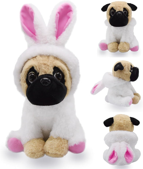 BABOLI Cuddly Little Pug Stuffed Animals Soft Toys with Adorable Bunny-Style Costumes Super