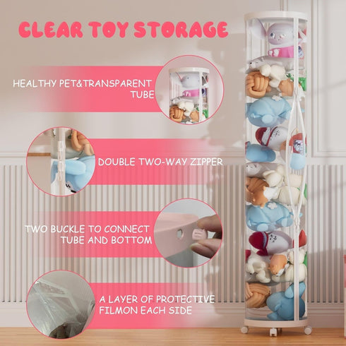 Flarelyare 59''11''Toy Large Stuffed Animal Storage Tube with Wheels, Organizer with Double Zipper, WhiteClear PET