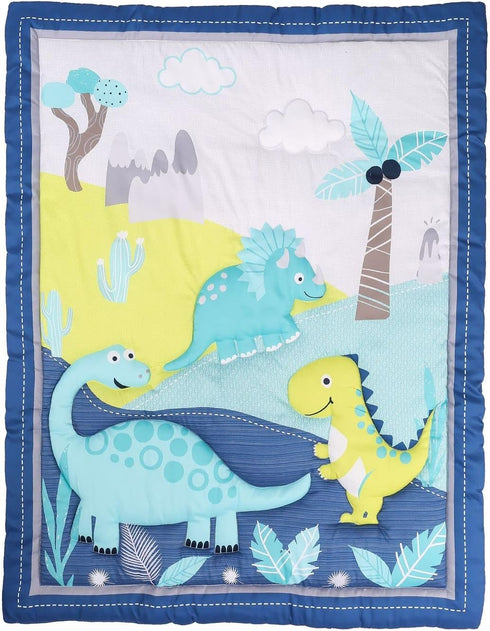 Crib Quilt with Dinosaur Theme, Blue and Yellow Baby Bedding Set |