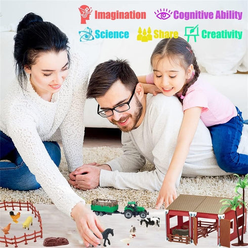 BOLZRA Mini Barn Farm Toys Playset, 66PCS Plastic Animals Figurines and Fence, Farmer Vehicle Toy Truck with Trailer