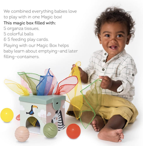 Taf Toys Sensory Baby Tissue Box - Montessori Square Sensory Toys with Colorful Pull Scarves, Play Balls, and Cards.