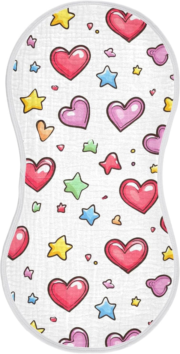 Hearts and Stars Muslin Baby Burp Cloths Set of 1, Super Soft