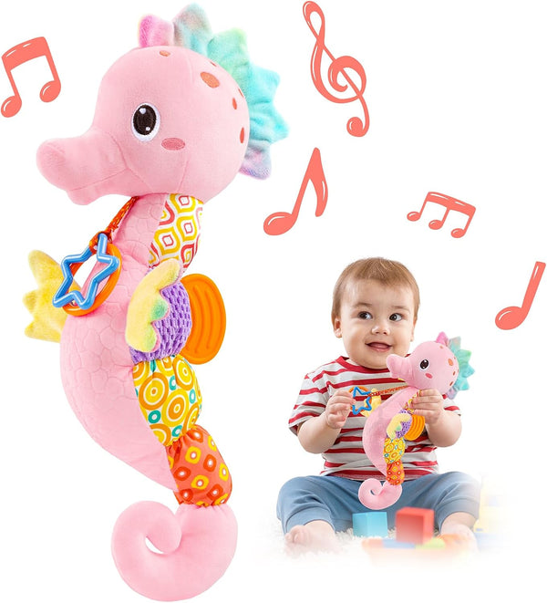 Baby Toys Musical Seahorse, Soft Sensory Stuffed Animal with Crinkle and Rattles for Newborns (Pink)