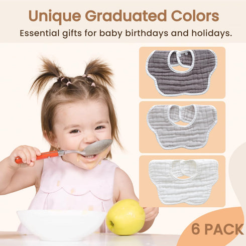 6 Pack MUKIN Soft Cotton Muslin Baby Bibs | Adjustable Snap Closure for Newborns| Absorbent for Drooling, Teething