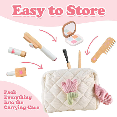 Set 16 3 4 5 6 7 8 Wooden Makeup Toy for Toddlers, Pieces Pretend Play Beauty Salon Kit with Styling Tools, Cosmetics