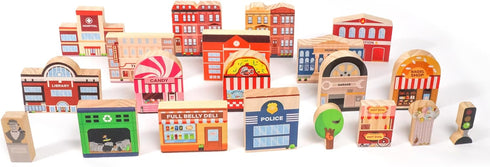 20 Set Community Pc Wooden City Play - Wooden Town Buildings and Street Signs for Play Mats, Toy Cars and Trains