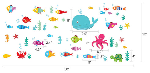 Ocean Fish Wall Decals, Sea Whale Turtle Tropical Creatures Bathroom Stickers, Cartoon Decorative Wall Decal for Kids