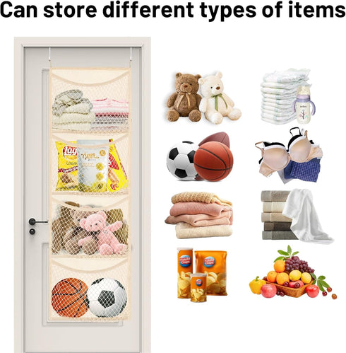 Over The Door Stuffed Animal Storage, Cotton Toy Organizer with 4 Large Pockets for Plush Toys and Baby Supplies
