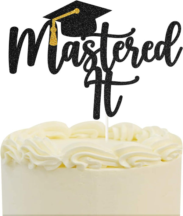 Black Glitter Mastered It Cake Topper - College Grad Congratulations MBA Graduation Party Decorations