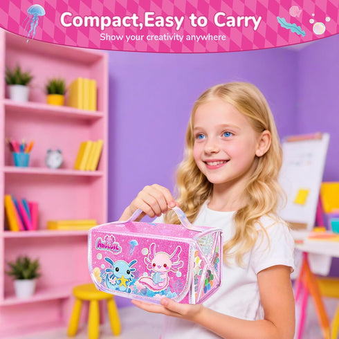 DreamyCandy 70PCS Set 4-6-8,Drawing Axolotl Washable Markers with Glitter Pencil Case,Art Supplies for Kids Ages