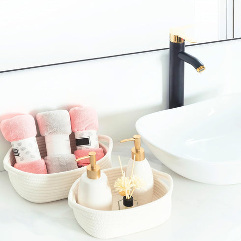 5-Piece Set MINTWOOD Design Small Decorative Woven Storage Baskets for Shelves, Bathroom, Pantry and Nightstand