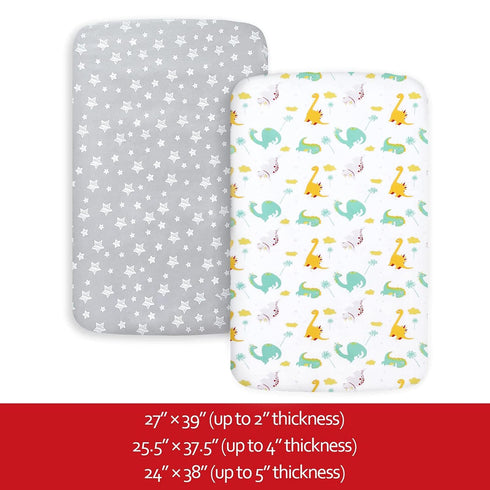 Pack and Play Sheets, 2 Pack Mini Crib Sheets, Stretchy Fitted Sheet for Graco Pack n Play, Dinosaur and Grey Star