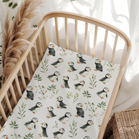 Wicbfdfv Watercolor Puffins Boho Leaves Fitted Crib Sheet for Baby Girls Boys 28"x52"