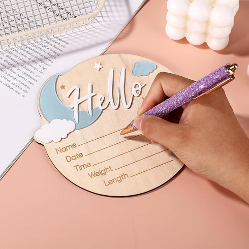 Penitue 15cm/5.91in Baby Announcement Sign, Wooden Hello World Newborn Welcome Sign Birth Baby Name Plaques