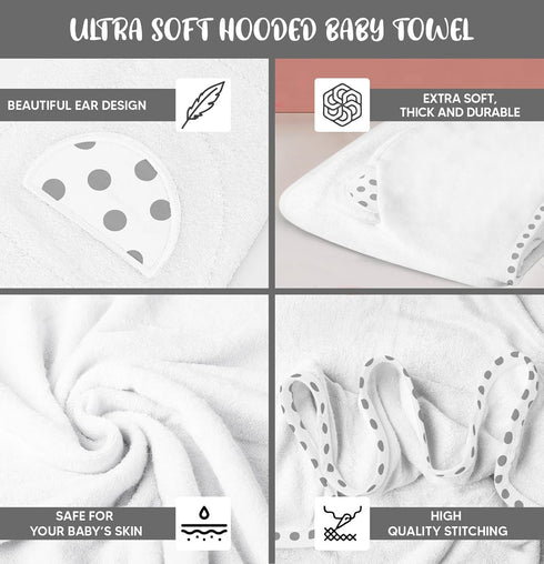 ELSVIN Set 2 30 30 Inch 400 of Hooded Baby Towels White and Grey Luxurious, Large and Super Absorbent x Soft