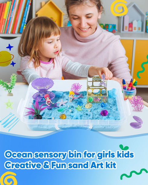 sikmcle Ocean Sensory Bin Blue Moldable Sensory Sand Kit Sandbox with Lid Colorful Plastic Sea Shell Conch Starfish