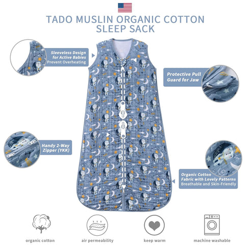 0-6 100% 2-Way 0.5 TADO MUSLIN Baby Sleep Sack Months Wearable Blanket for Babies Organic Cotton Zipper YKK TOG Toddler