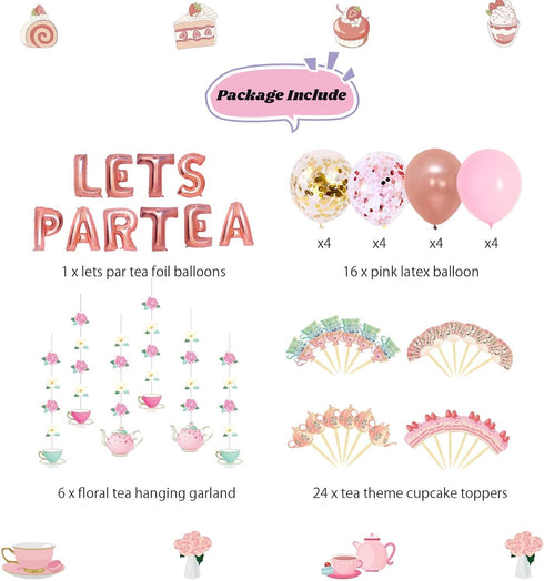 JOPARY Tea Party Decorations with LET'S PAR TEA Aluminum Foil Balloons, Floral Hanging Decorations for Party Decor