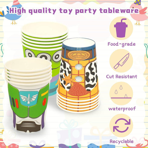 120pcs Cartoon Toy Birthday Party Supplies, Disposable Plates Napkins Cups for Boys Girls Birthday Tableware Set for 30