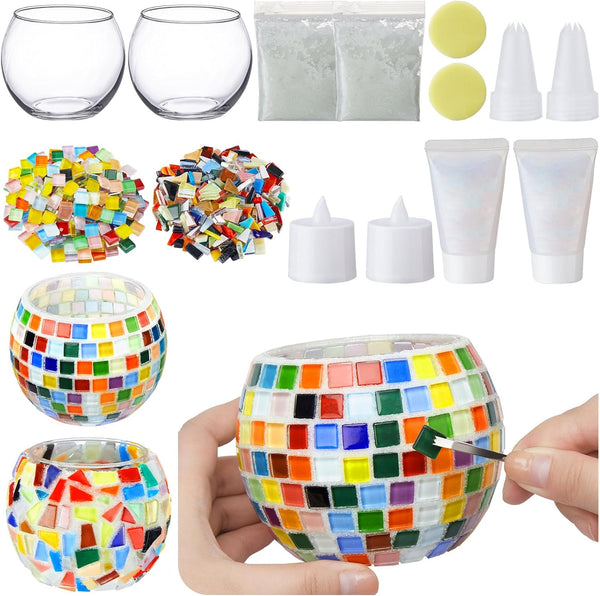 Sunnychicc 2 Set Glass Mosaic Candle Holder Kit Include Tea Light Holder, Glass