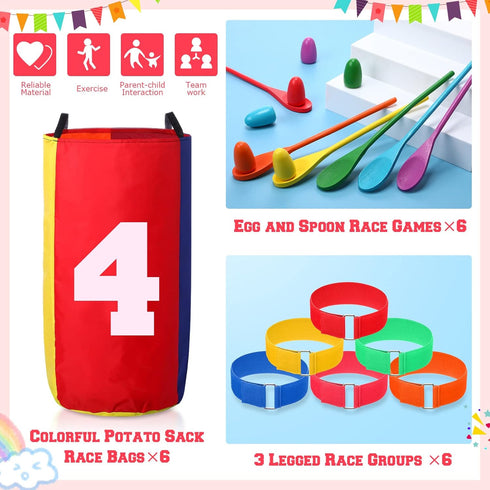 38 Pack Outdoor Games - Potato Sack Race Bags for Kids and Adults, Egg Spoon Relay, 3 Legged Race Bands