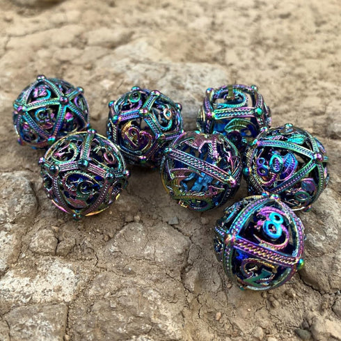 Set Set Metal DND Dice - Unique Round Hollow Orb Design for Better Rolling - Beautiful Dragon for Role Playing Games