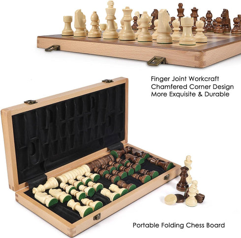 AMEROUS 15 Inches Wooden Chess & Checkers Set with Upgraded Weighted Pieces, 2 Extra Queens, Storage Slots