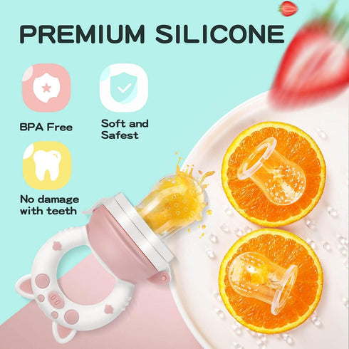 Baby Fruit Food Feeder Pacifier, 6 Pcs Silicone Teething Toy for 3-24 Months, Blue & Gray Piggy Handle