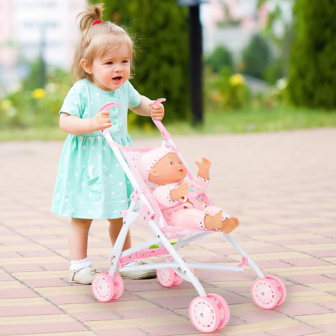 deAO Baby Doll Stroller Set with 13" Doll, 18 PCS Accessories, Foldable Stroller, Kids Play Toys