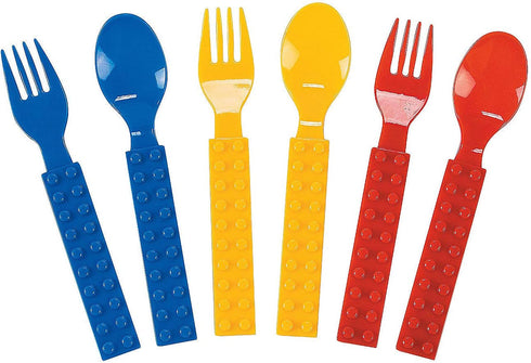 Brick Party Fork & Spoon Utensils Silverware Set - 16 pieces- Brick and Building Block Birthday Party Supplies by Fun Express