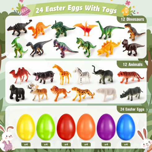 24 Pack Shemira Easter Eggs Filled with Animal Dinosaur Toys, Easter Basket Stuffers Fillers, Easter Goodie Bag