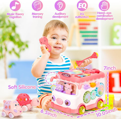 AmiDear 1-2 10-in-1 6-12-18 1-2, Baby Gift for Year Old Girl, Montessori Toys Bus for Baby Months+, Educational Musical