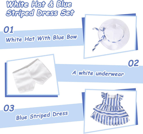 Doll Clothes and Accessories - 3 Pc. Set with Blue and White Stripes Skirt, Hat, and White Underwear