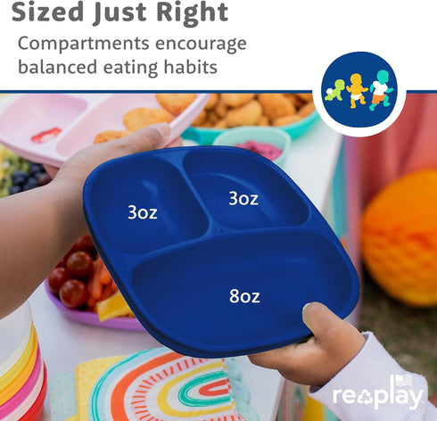 Re-Play Toddler Plates with Dividers, Set of 3, Deep-Walled 3 Compartments, Dishwasher & Microwave Safe, True Blue