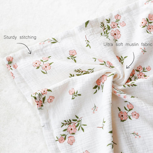 Muslin Baby Blankets for Girls Super Soft Nursery Minky Blankets with Breathable Muslin Cotton Front and 3D Touch Dotted Fleece Backing, Pink Floral Printed Bed Throws Newborn by BOPRIO