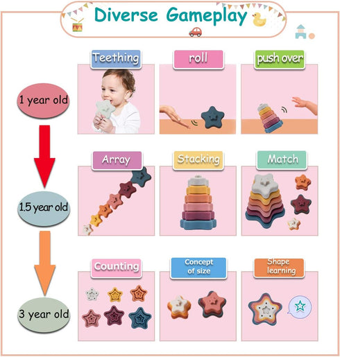 Promise Babe Silicone Stacking Rings Toy - Star Shape Soft Stacker Blocks for Baby Toddler Development Sensory
