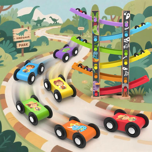 Playsets 6 2 3 Wooden Race Track Car Ramp Racer Toy for Toddlers, Dinosaur Car Ramp Toy Vehicle with Mini Cars - Fine