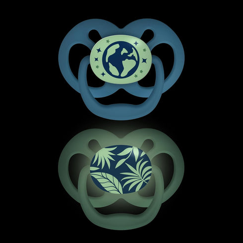 Symmetrical Bulb, 6-18m, 2 Pack Dr. Brown's Advantage Glow-in-The-Dark Baby Pacifier, Fully Soother with Soft Silicone