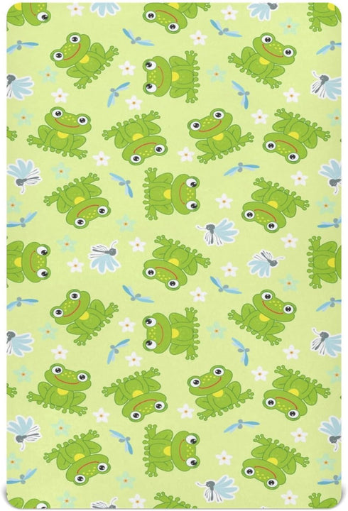 CHUROUSY 27x39 Inch Frogs and Dragonfly Crib Sheets Cute Cartoon Frog Mosquitoes Flower Playard Sheets Fitted Toddler