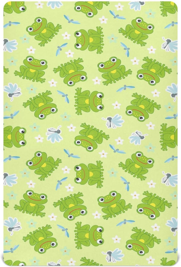 CHUROUSY Frogs and Dragonfly Crib Sheets Cute Cartoon Frog Mosquitoes Flower Mattress Cover