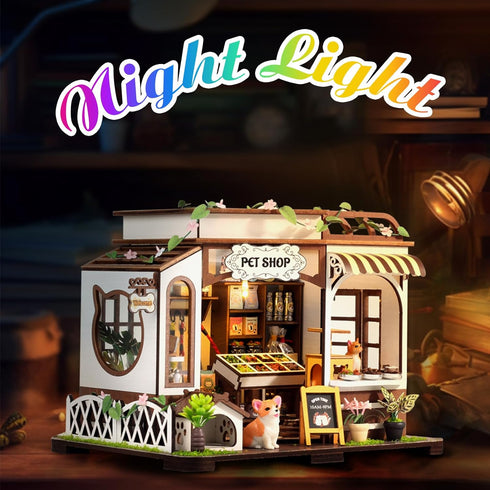 DIY Miniature House Kit, Tiny Pet Shop with Furniture & LED, 3D Dollhouse Building Kit for Adults and Teens