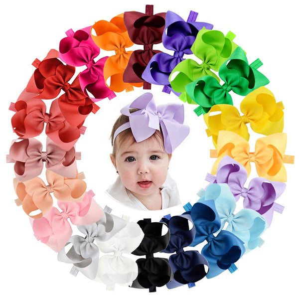 jollybows 20pcs Baby Girls Grosgrain Ribbon Hair Bows Headbands, 6" Elastic Hair Accessories (Multicoloured)