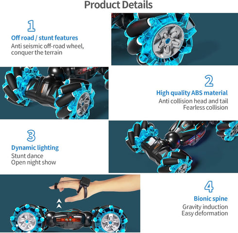 1:12 RC Stunt Car, 2.4GHz 4WD Gesture Sensor Toy, Double Sided Rotating Off Road Vehicle with Lights Music for Boys &