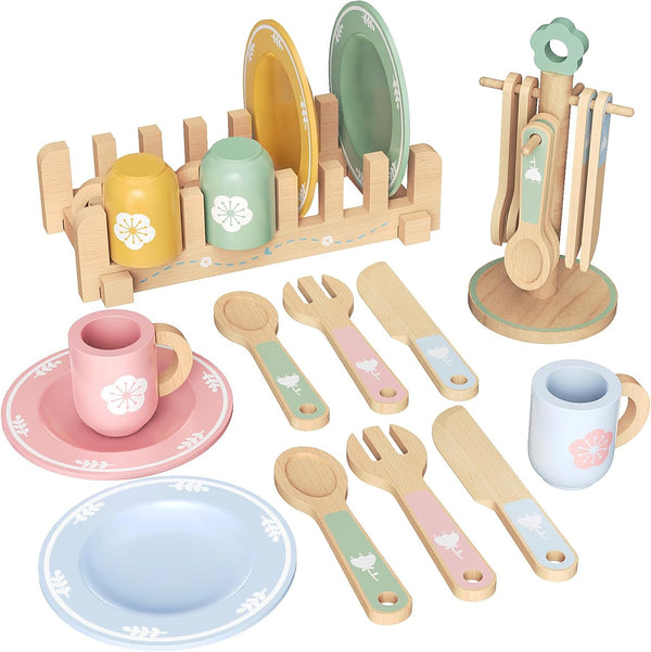 20 PCS Kitchen Playset with Wooden Toy Plates and Dishes, Montessori Kitchen